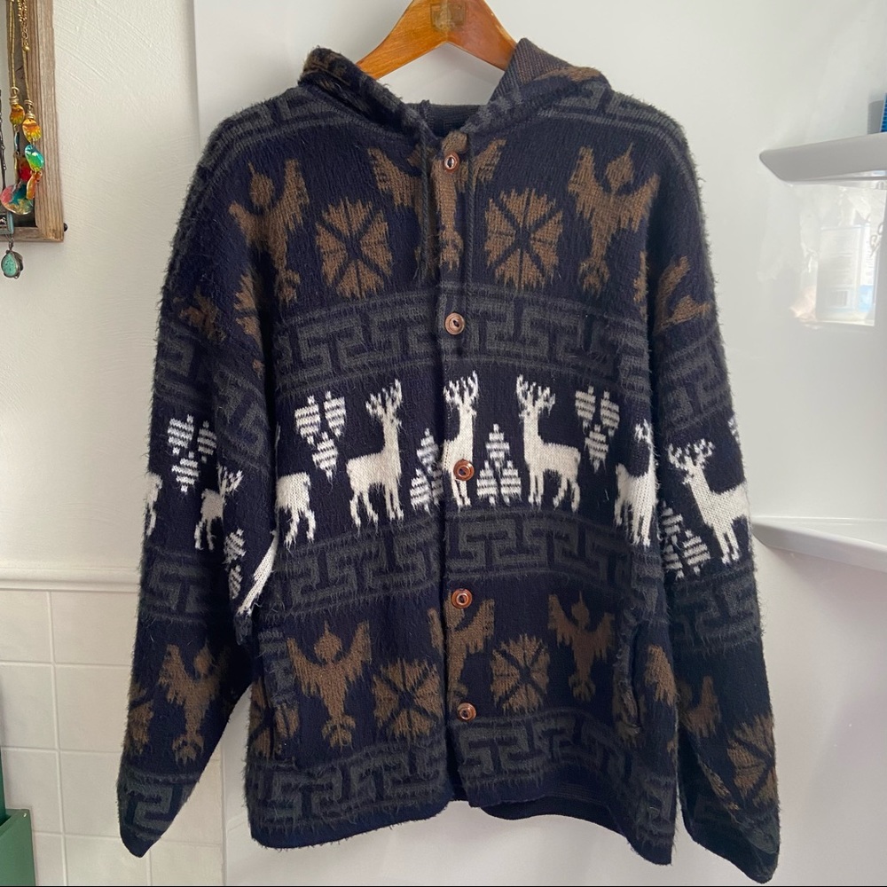 Tejidos Ruminahui Ecuador Wool Moose Bird Aztec Buttoned Hooded Cardigan XL